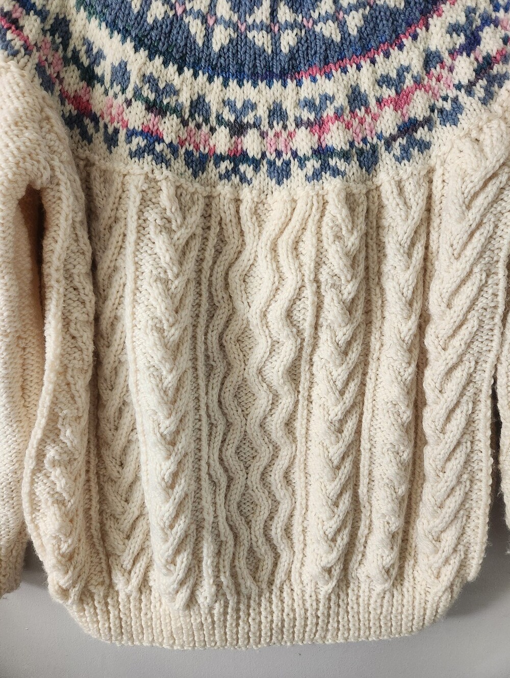 Handknit Fair Isle Nordic Yoke Chunky Cableknit Sweater - Picture 3 of 11